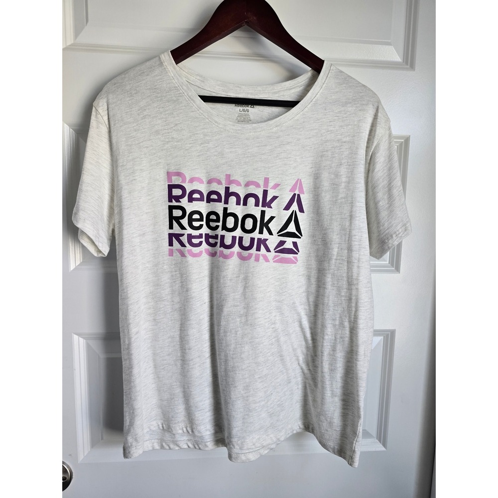 Reebok Womens Graphic Tee Light Grey Heather Stacked Logo Activewear Shirt L